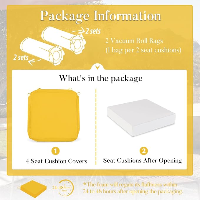 Basic Beyond Outdoor Chair Cushions for Patio Furniture, Waterproof Outdoor Seat Cushions Set of 4 18 x 18, Patio Chair Cushions Set of 4 with Ties and Handle, Yellow - Image 6