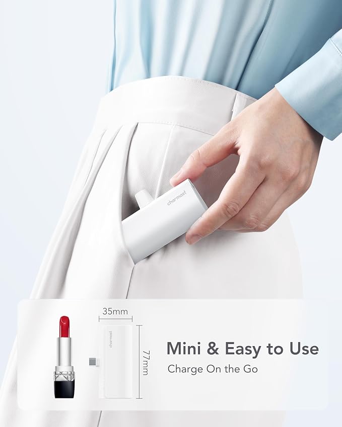charmast Mini Portable Charger USB-C Connector, 5000mAh Small Power Bank | Lipstick-Size Battery Pack for iPhone 17/16/15 Samsung Android, Lightweight, Purse Ready, Direct Plug-in, 20W Fast Charging - Image 4