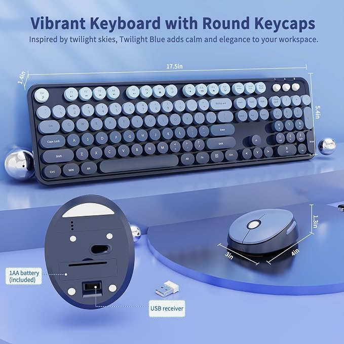 Nowlike Wireless Keyboard and Mouse Combo, Retro Typewriter Keyboard with Round Keycaps, Full-Size Ergonomic, Blue, Ideal for Windows PC, Home, Office, and College, Wireless Keyboard Mouse Combo - Image 6