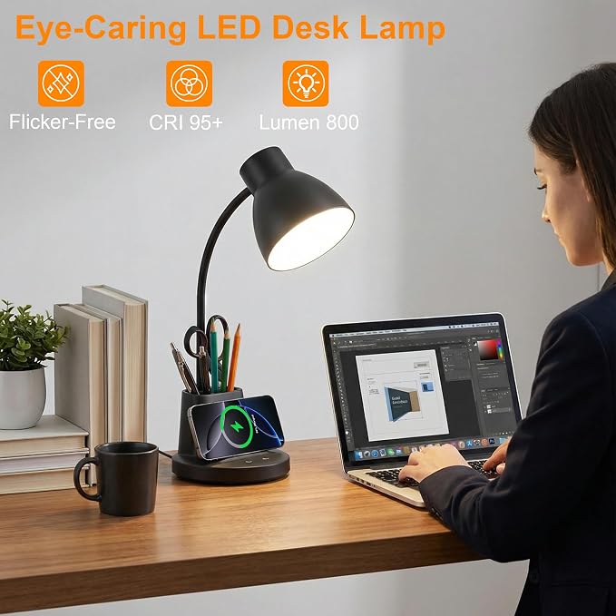 10W Wireless Charging LED Desk Lamp with Pen Holder, CRI 95, Black | 800LM, 3 Modes, 360°Flexible Arm, Touch, Brightness, Table Lamp for Home Office, Dorm, Bedside, Study, Reading, with Adapter - Image 4