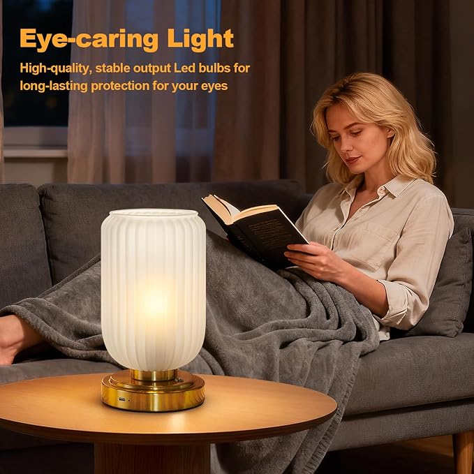 LightRound Cordless Table Lamp for Bedroom, Touch Stepless Dimmable | 7500mAh Rechargeable Battery, Matte Glass Shade, Brushed Gold Base, Bulb Included, Modern Wireless Lamp for Desk, Living Room - Image 4