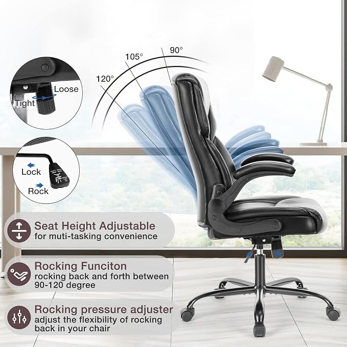 OLIXIS PU Leather Desk Chair, Ergonomic Office Chair, Flip-up Armrest | High Back, Swivel Rolling Wheels, Heavy Duty, 275lbs,Comfortable,Executive, Black - Image 5