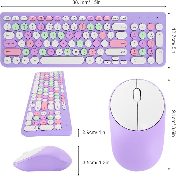 Wireless Keyboard and Mouse Combo, Retro Typewriter Keyboard with Round Keycaps, 2.4GHz USB Cute Wireless Keyboard Mouse for Computer, Desktop, Laptop (Purple Colorful) - Image 6
