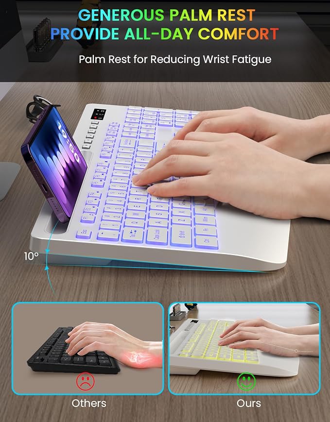 Wireless Keyboard, 7 Colored Backlits, Wrist Rest, Phone Holder-White | Rechargeable Ergonomic Computer Keyboard with Silent Keys, Full Size Lighted Keyboard for Windows, Mac, PC, Laptop - Image 3