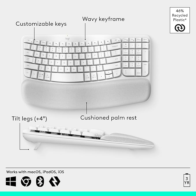 Logitech Wave Keys Wireless Ergonomic Keyboard - Off White | Cushioned palm rest, Easy-Switch multi-device pairing, Logi Bolt receiver, compatible with Windows/Mac, 3-year battery life - Image 6