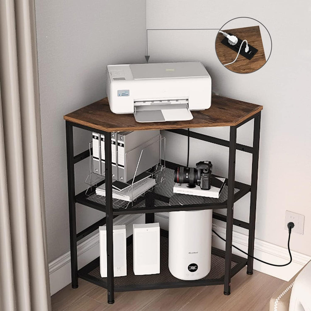 VEDECASA Corner Printer Stand Table with Power Outlet Charging Plugs USB Port Adjustable Storage Shelf Computer Tower CPU Stand Holder for Home Office (Brown) by VEDECASA