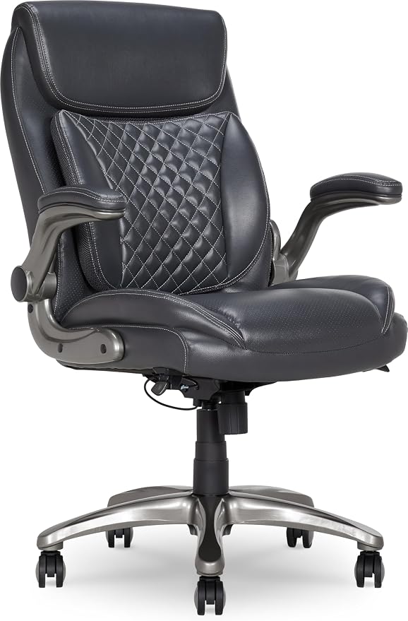 Amazon Basics Ergonomic Executive Office Chair with Adjustable Lumbar Support, Flip-up Arms, Height Adjustable, 360° Rolling Swivel, Computer Desk Chair, Grey Leather by AmazonBasics