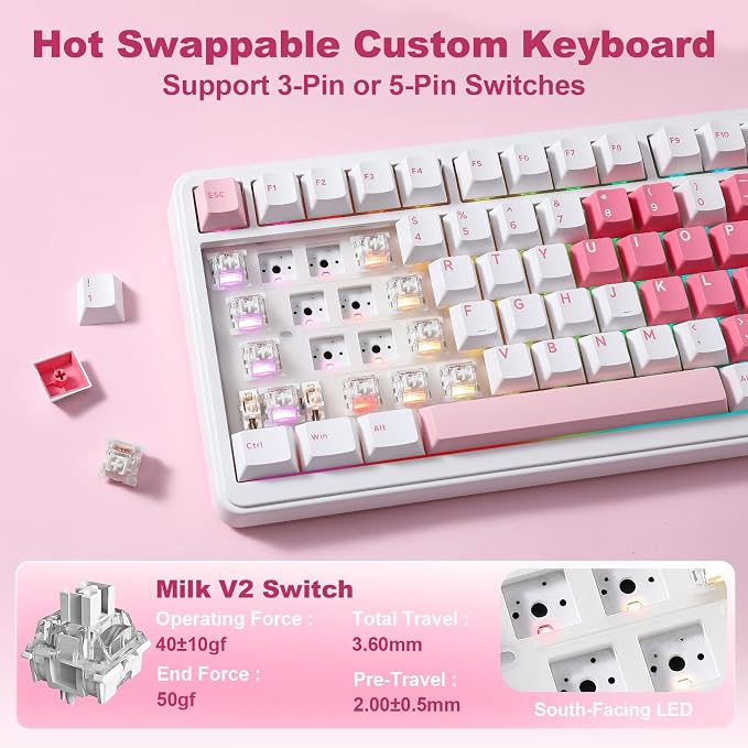 YUNZII B75 PRO MAX 75% Mechanical Keyboard (White Heart,Milk Switch) | QMK/VIA, Wireless Keyboard with Screen and Knob, Custom Hot Swap, Gasket Mount, Creamy Switches, RGB for Gaming/Win/Mac - Image 5