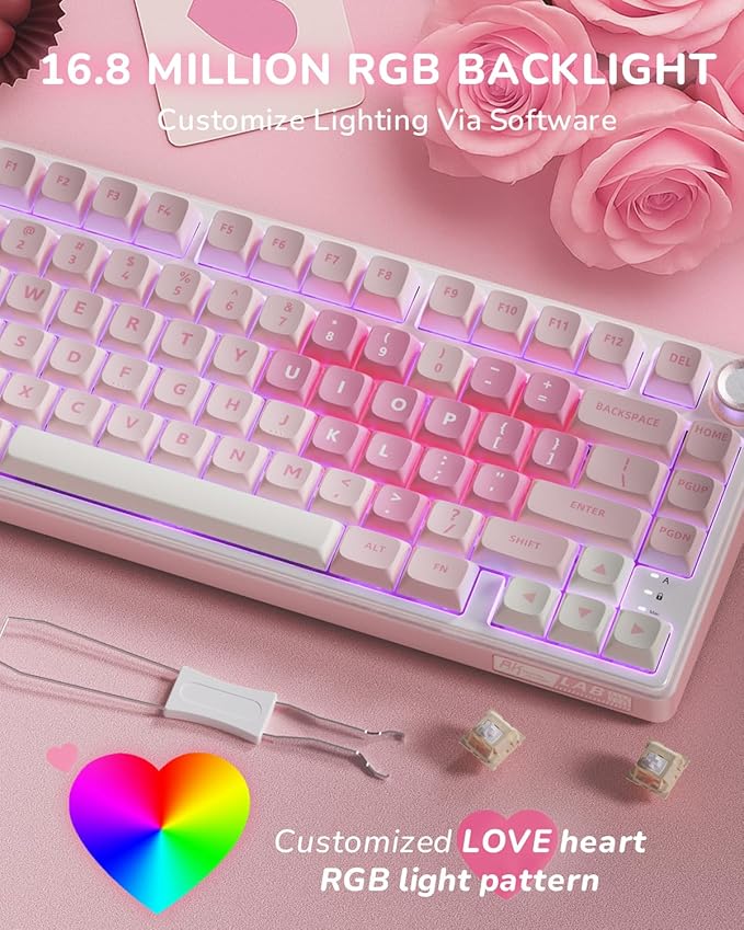 RK ROYAL KLUDGE R75 Mechanical Keyboard Wired with Volume Knob, 75% Keyboard Gasket Mounted, Hot Swappable, Creamy Sound, MDA Profile, PBT Keycaps, Pink - Image 4
