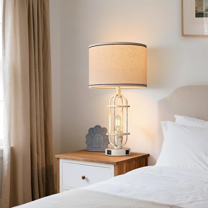 Reaketon 22.3" Farmhouse Table Lamps Set of 2, Vintage Lamps for Living Room End Tables, Bedroom Lamp for NightStand with USB C+A Ports, Antique White - Image 5
