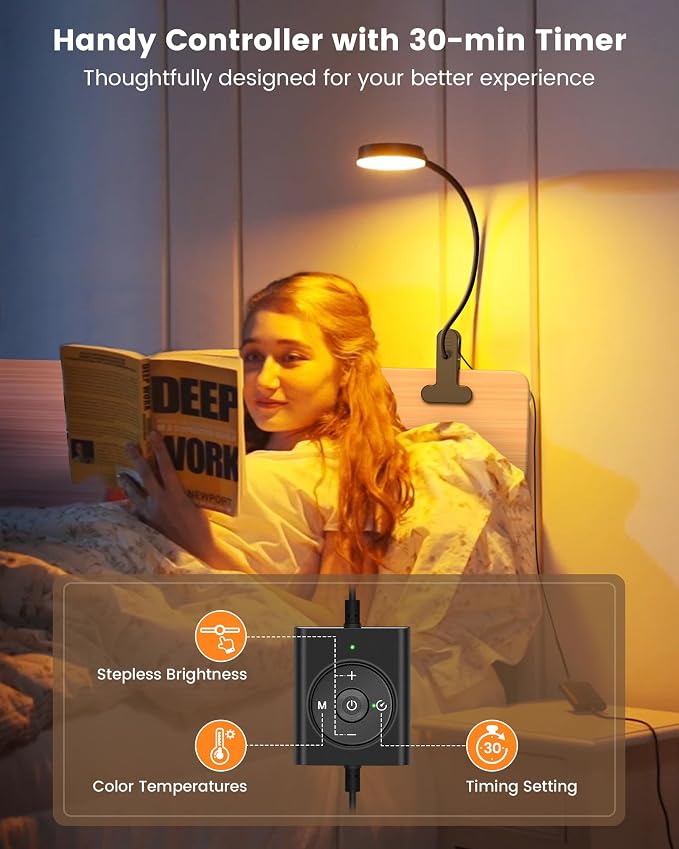 Glocusent 5W Clip on Light, 3 Colors & 5 Brightness Reading Light for Bed | Flexible Gooseneck Clip on Lamp, 30-Min Timer, Reading Lamp, Perfect Desk Lamp for Dorm,Bunk,Bed,Headboard,Table,Work,Craft - Image 5