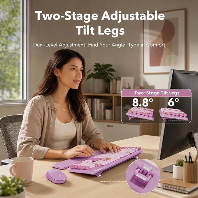 Wireless Keyboard and Mouse, Round Keycaps, Magnetic Wrist Rest, Lilac | Full-Size Retro Typewriter-Style Keyboard, Tilt Legs, Auto Sleep, 2.4GHz Cordless for MacOS, Windows PC, Laptop, SABLUTE - Image 3