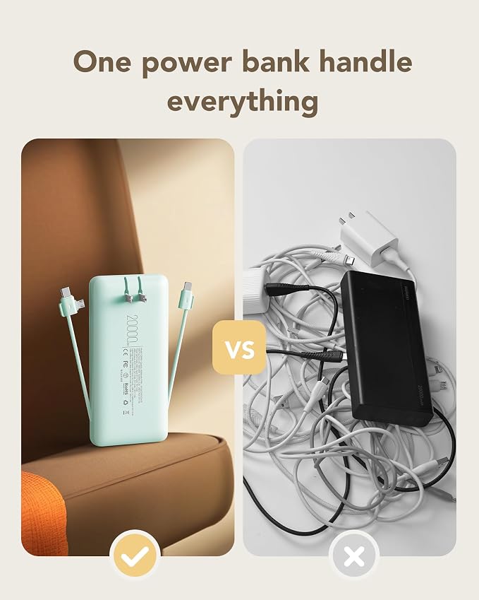 charmast 20000mAh Portable Charger with Built-in Cables and AC Wall Plug | 20W Fast Charging Power Bank, Power 3 Devices at Once, Family Travel Essential Battery Pack for iPhone, Samsung, Android - Image 3