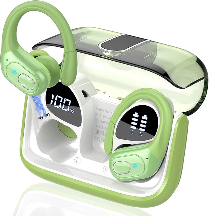 Wireless Earbuds 75H Bluetooth 5.4 Sport Headphones with Earhooks, Green | IPX7 Waterproof In-ear Buds Feature ENC Noise Cancelling Mic & Deep Bass. Stereo Sound Device for Gym Running Workout by Aptkdoe