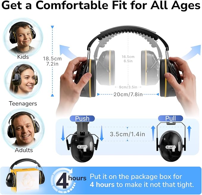 Dr.meter Hearing Protection Ear Muffs, 31dB Noise Reduction Safety Earmuffs with Adjustable Headband for Adults Kids Autism Sensory, Ear Muff for Yard Work, Mowing or Hunting Black 2PACK - Image 9