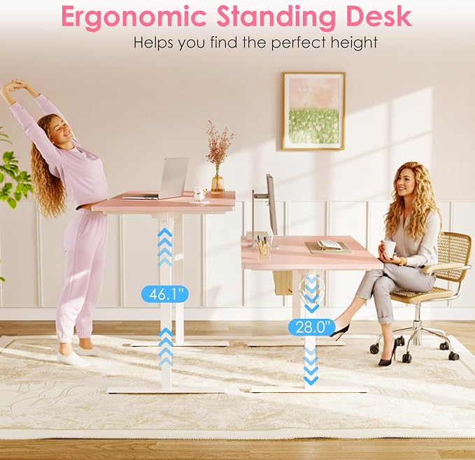 48" Pink Electric Standing Desk Height Adjustable for Home Office | 3 Memory Presets, Rear Cable Notch, Dual Side Hooks, Stand Up Desk for Bedroom, Study room, Home Office and Vanity Space - Image 4