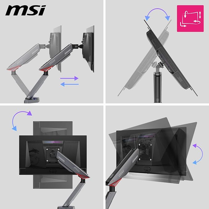 MSI MPG MT161R - Premium RGB Single Monitor Stand Arm, Supports 17-45" Screens and 35.2 lbs, VESA Compatible, Adjustable Spring Assisted Mount, Clamp & Grommet, Quick Release Plate - Black - Image 6