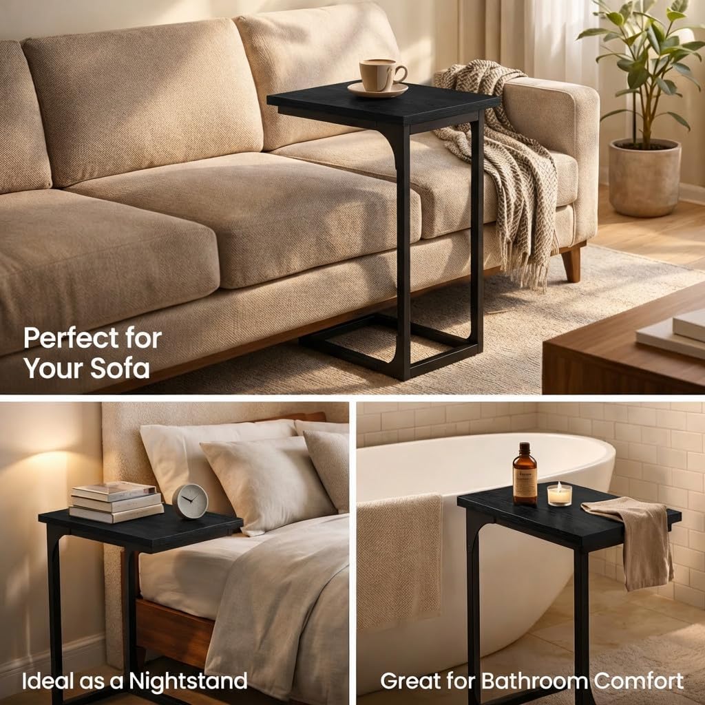 TEMI C Shaped End Table for Couch, Set of 2 Small Side Table for Sofa, TV Tray for Eating or Laptop, Accent Desk for Chair, Space Saving for Living Room Bedroom, Black - Image 7