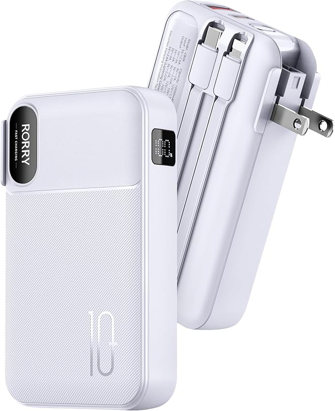 RORRY Portable Charger w/Wall Plug 10000mAh Power Bank 22.5W Battery Pack | Built in Cables, Fast Charging, for iPhone, iPad, Samsung Galaxy, Pixel, LG, Travel Essential, Digital Display, Pocket Size by RORRY