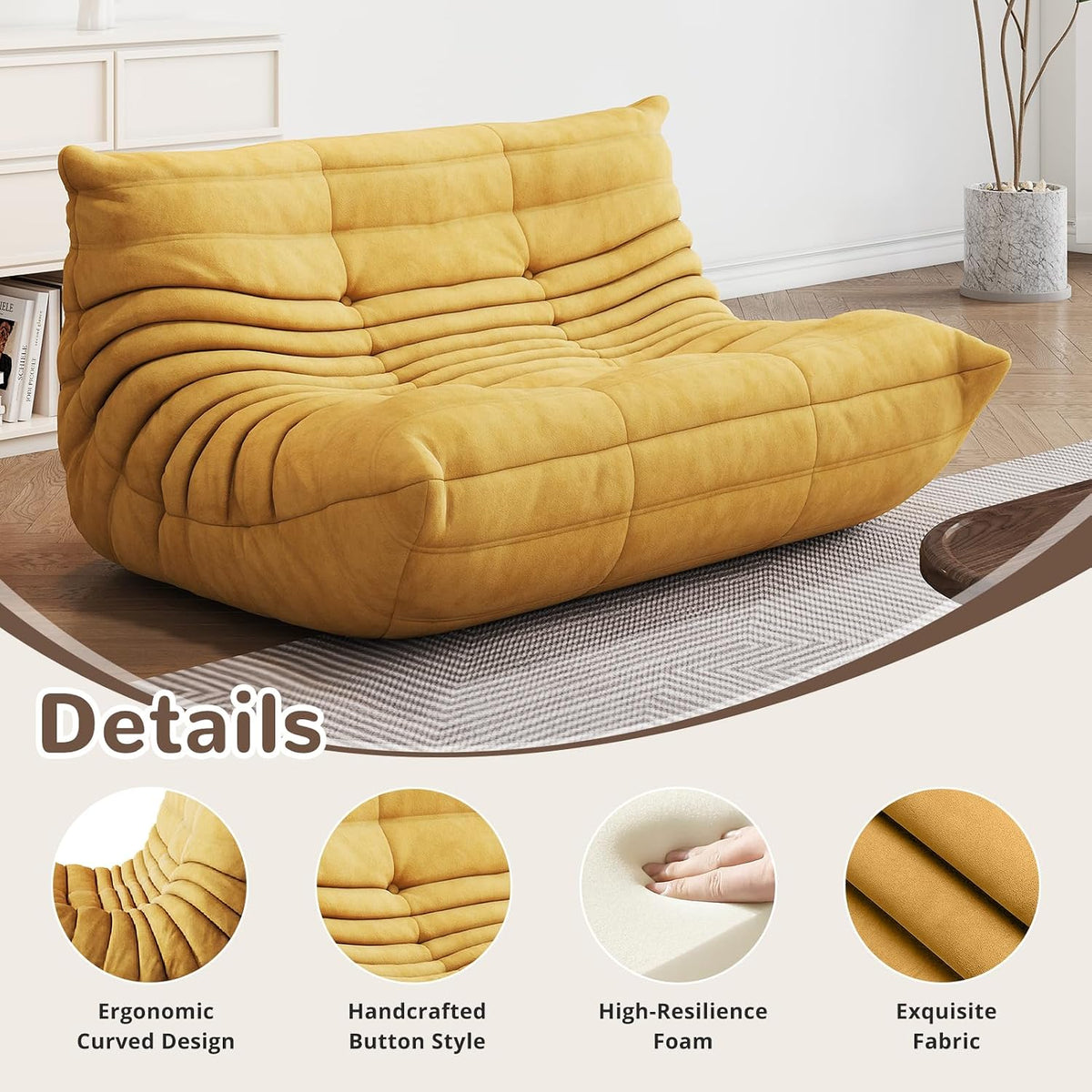 Bean Bag Chair - Corner Sofa, Fireside Chair Bean Bag Sofa Large Bean Bag Chair for Adults,Fireside Floor Couch for Living Room, Bedroom, Gaming (Yellow, Single) (Yellow, Loveseat) - Image 5