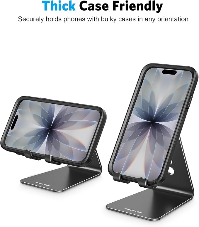 OMOTON C2 Adjustable Aluminum Cell Phone Stand with Charging Cutout, Black | Sturdy 3mm Base with Non-Slip Silicone Pads, Multi-Angle, Works with 19mm Thick Cases Smartphones, Desktop Recording Facetime - Image 8