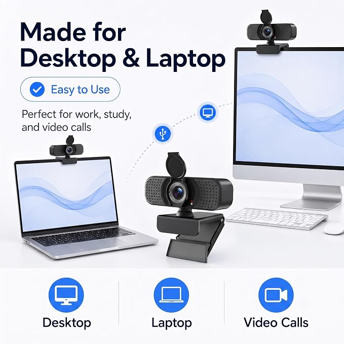4K UHD Webcam with PDAF Autofocus, Dual Mics, USB-C Adapter, Privacy Cover | 87° view, auto white balance, low-light correction, 360° rotation, 35° tilt, 1.5 m USB-A cable and mini tripod - Image 4