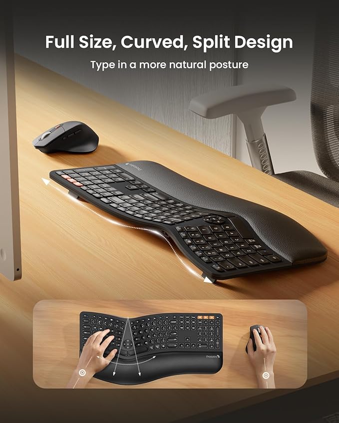 ProtoArc EKM01 Plus Wireless Ergonomic Keyboard Mouse Combo - Black | Full-size Split Keyboard with Cushioned Wrist Rest, Ergonomic Mouse, 3-Device Bluetooth/2.4G, USB-C Rechargeable - Image 2
