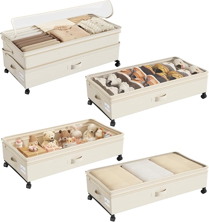 Kitstorack 4 Pack Height-adjustable Under Bed Storage with Wheels, Under Bed Storage Containers,Under Bed Shoe Storage Organizer with Clear Window&Label, Suitable for Clothes Storage, Beige by Kitstorack