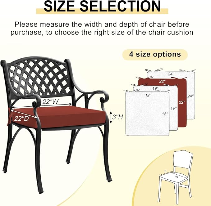 downluxe Waterproof Outdoor Chair Cushions for Patio Furniture, 22" x 22" x 3" Patio Chair Cushion with Adjustable Ties & Portable Handle, Square Outdoor Cushion with Removable Cover, Orange, 2 Pack - Image 6