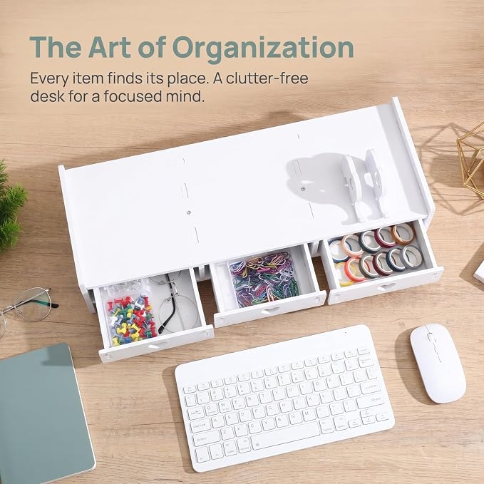 Tofficu Computer Monitor Riser with Drawer White Desk Shelf for Monitor and Keyboard Storage Rack Office Desk Organizer for Laptop Stand Riser for Home Office - Image 7