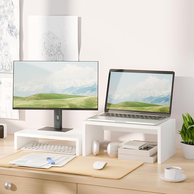 TEAMIX 2-Pack White Monitor & Laptop Stand Riser, High-Low Dual Monitor Set | Stacked/Separate Use, Adjustable Computer Stand for 2 Monitors, Holds 80Lbs, Wood Desk Organizer, for Home Office, Gaming - Image 2