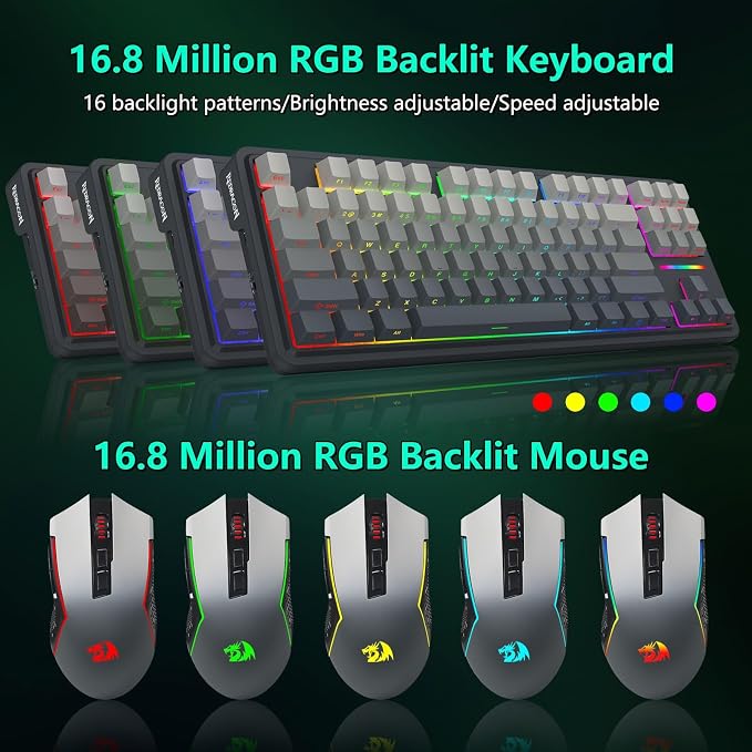 Redragon Wireless Mechanical Keyboard and Mouse Combo, RGB Backlit | Bluetooth/2.4Ghz/USB-C Wired, TKL Creamy Gaming Keyboard with Hot Swappable Linear Switches + 12800 DPI Gamer Mouse - Image 6