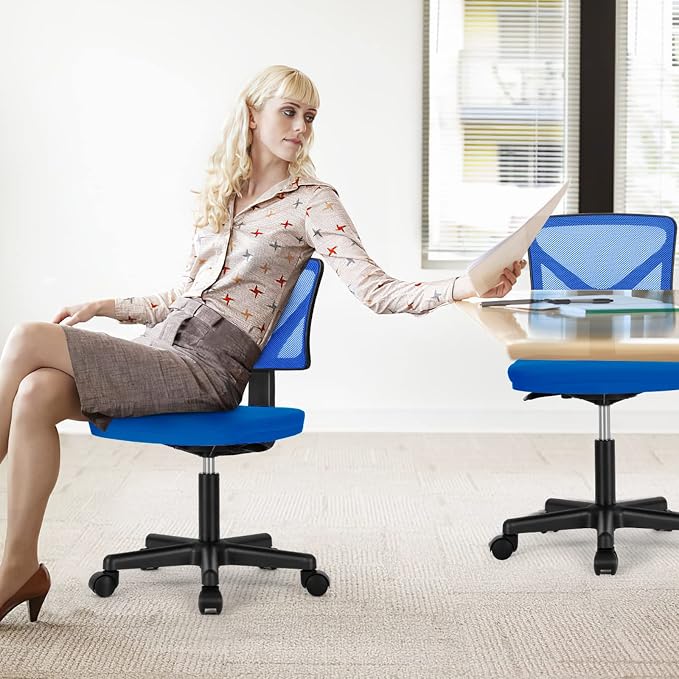 Sweetcrispy Small Armless Desk Chair, Mesh Rolling Office Chairs | Adjustable Ergonomic Lumbar Support, Low-Back, Swivel Wheels, Home Work, Bedroom, Study, Student, Adults, Classic Blue - Image 2