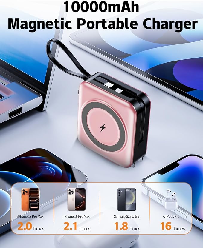 for Magsafe Portable Charger with Built-in Cables and AC Wall Plug, 10000mAh Magnetic Wireless Power Bank 22.5W Type-C in & Out Fast Charging Battery Pack for iPhone 17/16/15/14/13/12 Series, Pink - Image 2