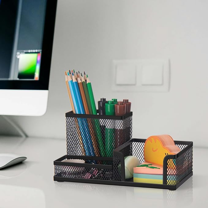 Comix Mesh Pen Holder, Desk Organizer for Home Office, Black | 3 Compartment Pencil Holder, Sticky Notes Holder, Pen Organizer Office Supplies - Image 7