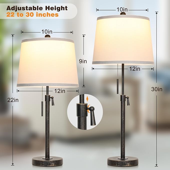Adjustable Height Table Lamps Set of 2 22-30in Retro Black Brush Gold Modern Nightstand with White Shade 3 Color Temperature Pull Chain Bedside Lamps for Living Room Bedroom Hallway(Bulbs Included) - Image 3