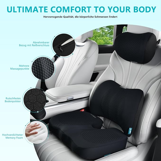 3 PCS Seat Cushion for Carseat Lumbar Support Pillow Car Neck Headrest Pillows Memory Foam Gel Memory Foam Massage Point Seat Pads Pressure Relief Back Cushion for Office Chair(Black) - Image 6