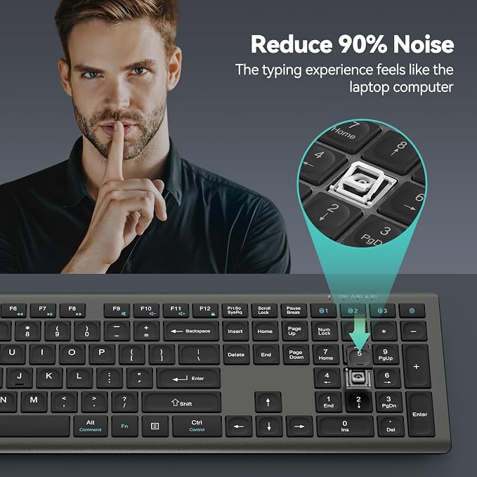 TECKNET Bluetooth Keyboard Rechargeable 4-Device (2.4G+BT) | Multi-device Free Switching, Ultra-Slim, Numeric Keypad, Quiet Full Size Wireless Keyboard for PC/Laptop/Smart TV/Phone - Image 4