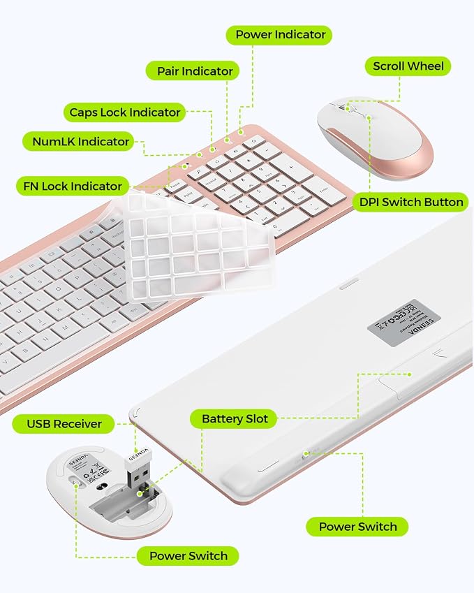 seenda Wireless Keyboard and Mouse Combo, Slim Full-Size Design | Quiet typing and mouse clicks, 2.4G USB receiver, Adjustable DPI mouse, Compatible for Windows PCs/laptops, Rose Gold - Image 6