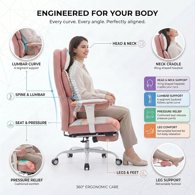 Efomao Watercolor Fabric Executive Office Chair Home Foot Rest, Pink | Soft Breathable Computer Desk Seat, Plush Comfy Cushion, Aesthetic Pastel Floral Patterns for Studio Vanity Cozy Setup - Image 3