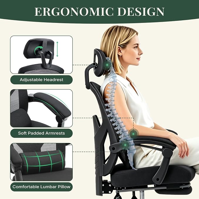Ergonomic Office Chair with Footrest, Computer Gaming Chair | Adjustable Headrest, Lumbar Support, Swivel Reclining, Padded Armrest, Mesh High Back, Home Desk Work Study, Black - Image 4