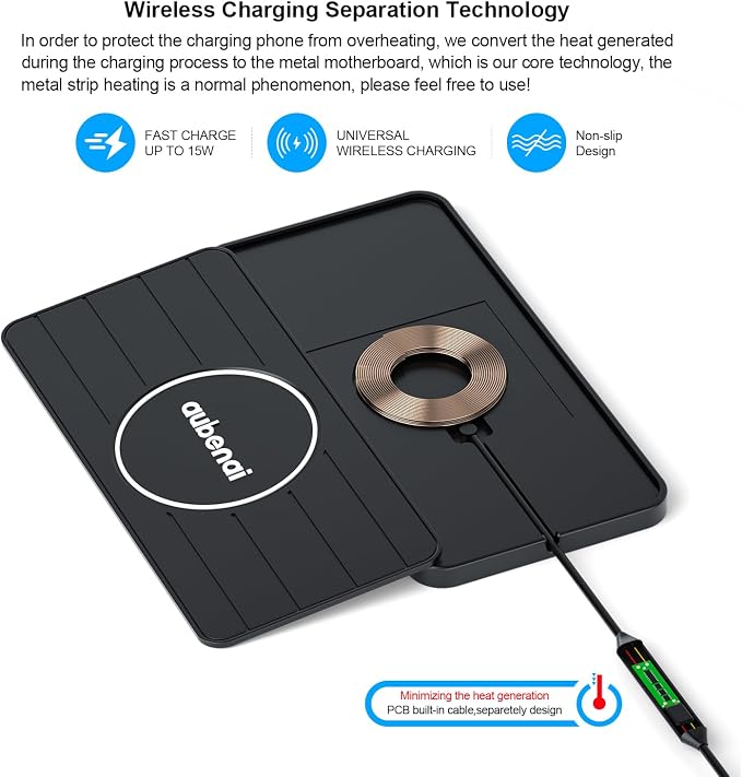 Wireless Car Charger Pad, 15W Fast Charging Pad with 70cm Extension Cable, Non Slip Car Wireless Phone Charger Mat Compatible with iPhone 16/15/14/13, AirPods, Samsung S25 S24(Extension USB-C) - Image 2