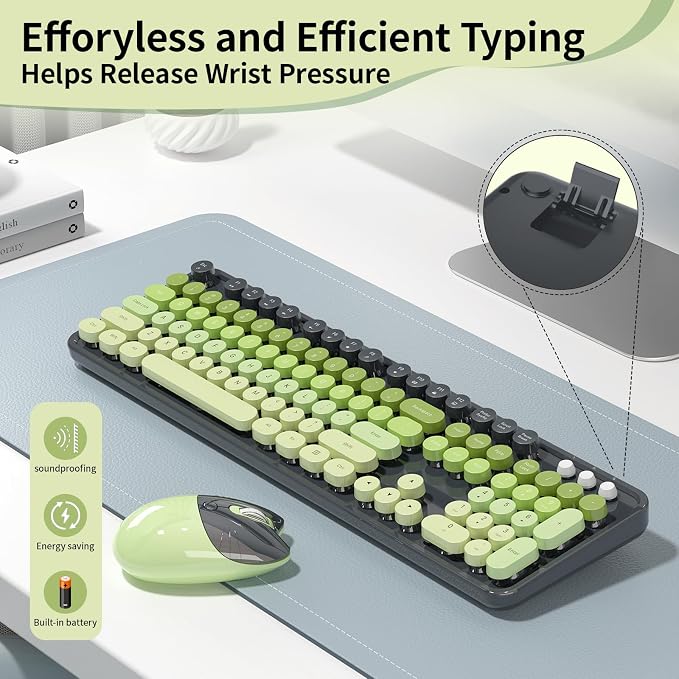 Wireless Keyboard and Mouse, MOFII 104 Round Keycaps Retro Typewriter with OTG & Brush, Full-Size Ergonomic, Ideal for Windows PC, Home, Office and College Gray Green - Image 6