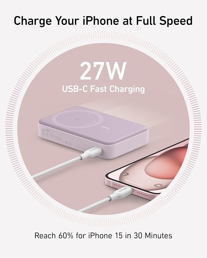Anker MagGo Power Bank, 10,000mAh Qi2-Certified 15W Max Portable Charger | Fast MagSafe-Compatible Battery Pack, Smart Display, Foldable Stand, for iPhone 16 / 15 / 14 / 13 Only (USB-C Cable Included) - Image 5