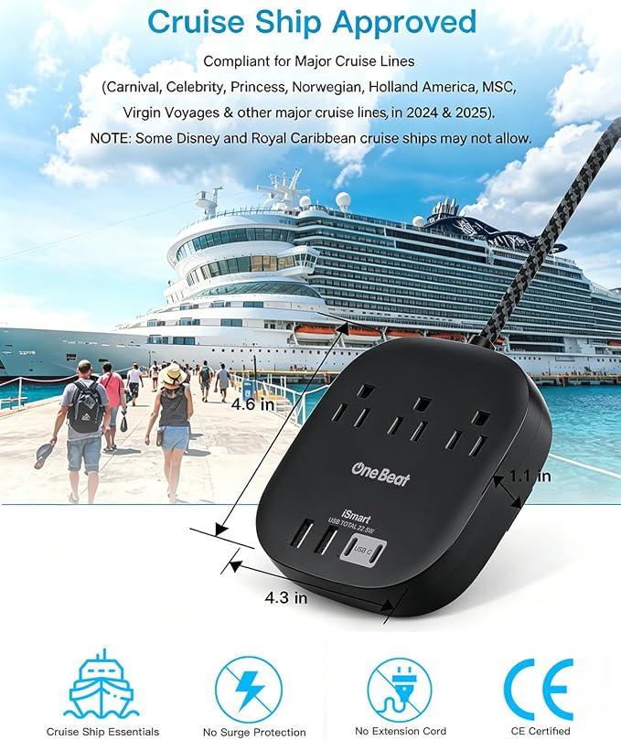 Cruise Ship Travel Essentials, 22.5W/4.5A Flat Plug Power Strip, Black | 6Ft Extension Cord, 3 Outlets 4 USB Ports (2 USB C) Cruise Approved Power Strip No Surge Protection, Desktop Charging Station - Image 5
