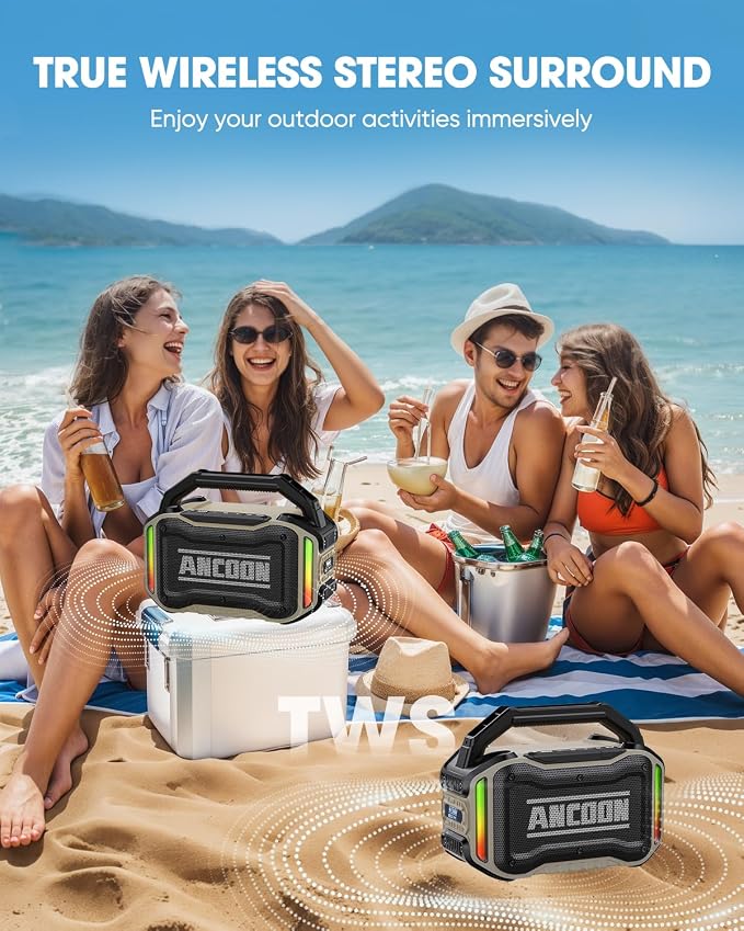 ANCOON Speakers Bluetooth Wireless: 80W(Peak) Loud Speaker with Bass, 20H Playtime, IPX6 Waterproof, Large Jobsite Speakers for Work, Outdoor, Workshop, Garage, Portable Speaker with TWS (Desert) - Image 4