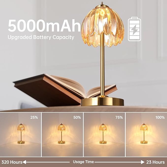 Shenmoyl Tulip Table Lamp with 5000mAh Battery & Touch Control, Cordless Table Lamp with 3 Colors, Dimmable Rechargeable Table Lamps for Bedroom, Nightstands, Living Room, Entryways (Amber Tulip) - Image 2