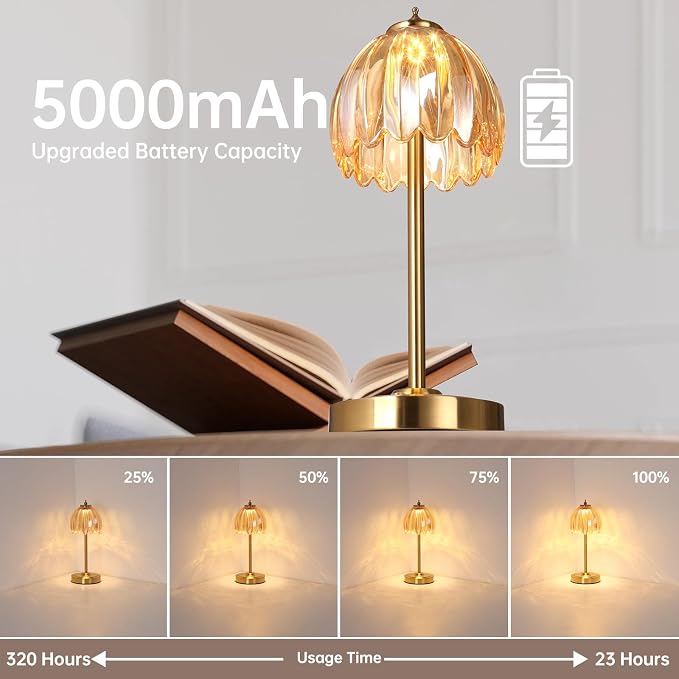 Shenmoyl Set of 2 Tulip Table Lamp with 5000mAh Battery & Touch Control, Cordless Table Lamp with 3 Colors, Dimmable Rechargeable Table Lamps for Bedroom, Living Room, Entryways (Amber Tulip) - Image 2