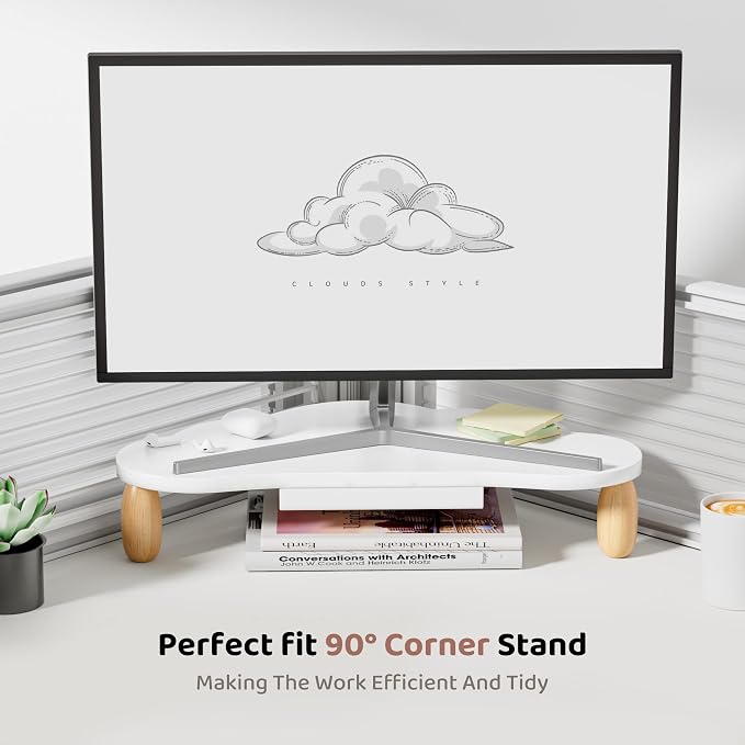 AFOOYO Monitor Stand Riser,Cloud-Shaped Sturdy Wood 16.5In Computer Monitor Riser Wirh Drawer, Multi-Purpose Desktop Organizer Riser for Computer,Laptop,Printer,TV,White - Image 4