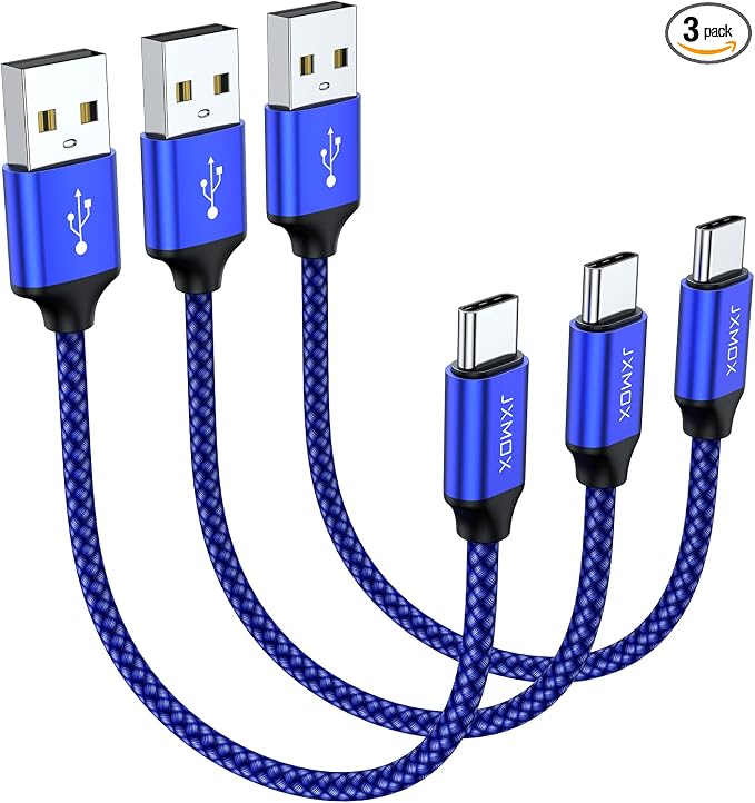 JXMOX Short USB C Cable (0.5ft 3-Pack), USB A to Type-C Charger Cord 3.1A Fast Charging Compatible with iPhone 15 16 Pro Max, Samsung Galaxy S20 S10 S9, Note 10 9, A80 A70 A50 A40, Power Bank (Blue) by JXMOX